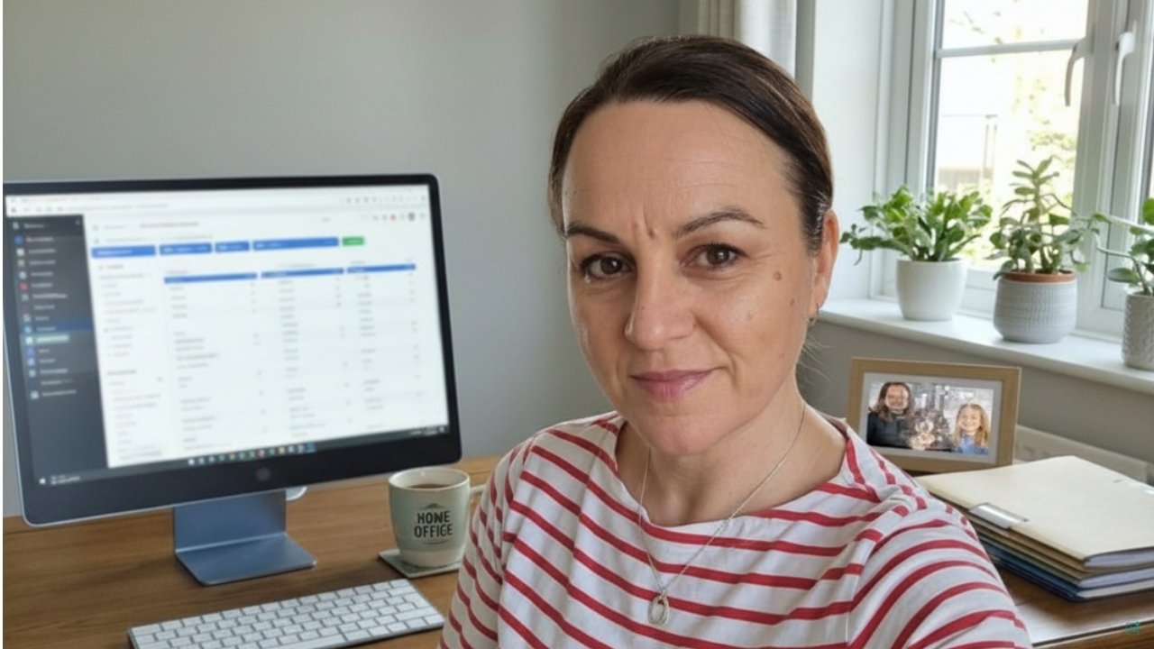 Dana Grochowska, founder of Social Growth Systems, working at her desk