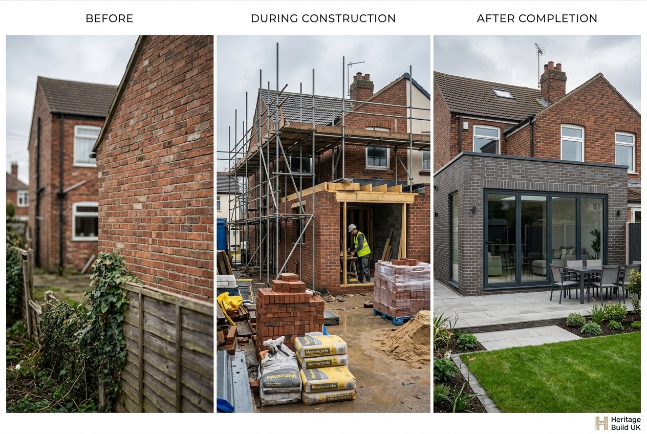 Before, during and after photos of a UK building job laid out as a social media post