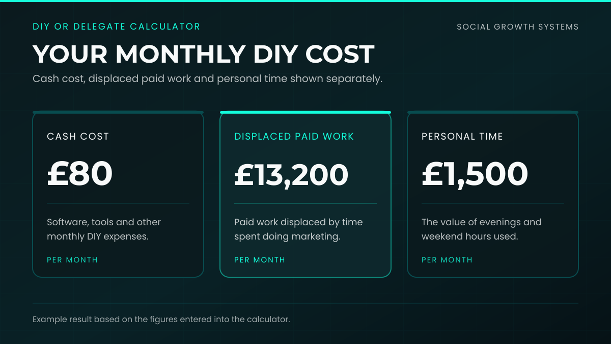 DIY or Delegate calculator showing cash cost, displaced paid work and personal time separately