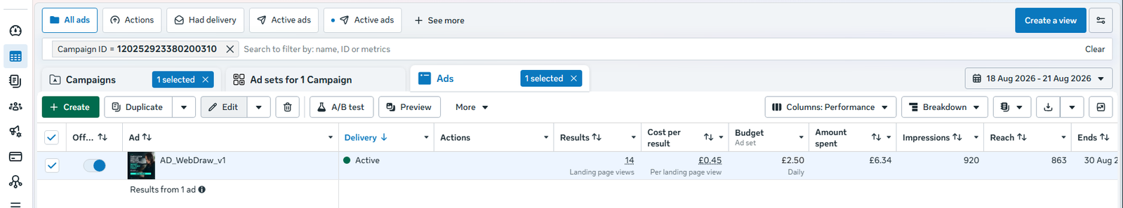 Meta Ads Manager campaign structure built for a UK trades business