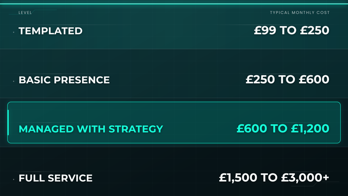 Typical UK social media management price bands from templated to full service