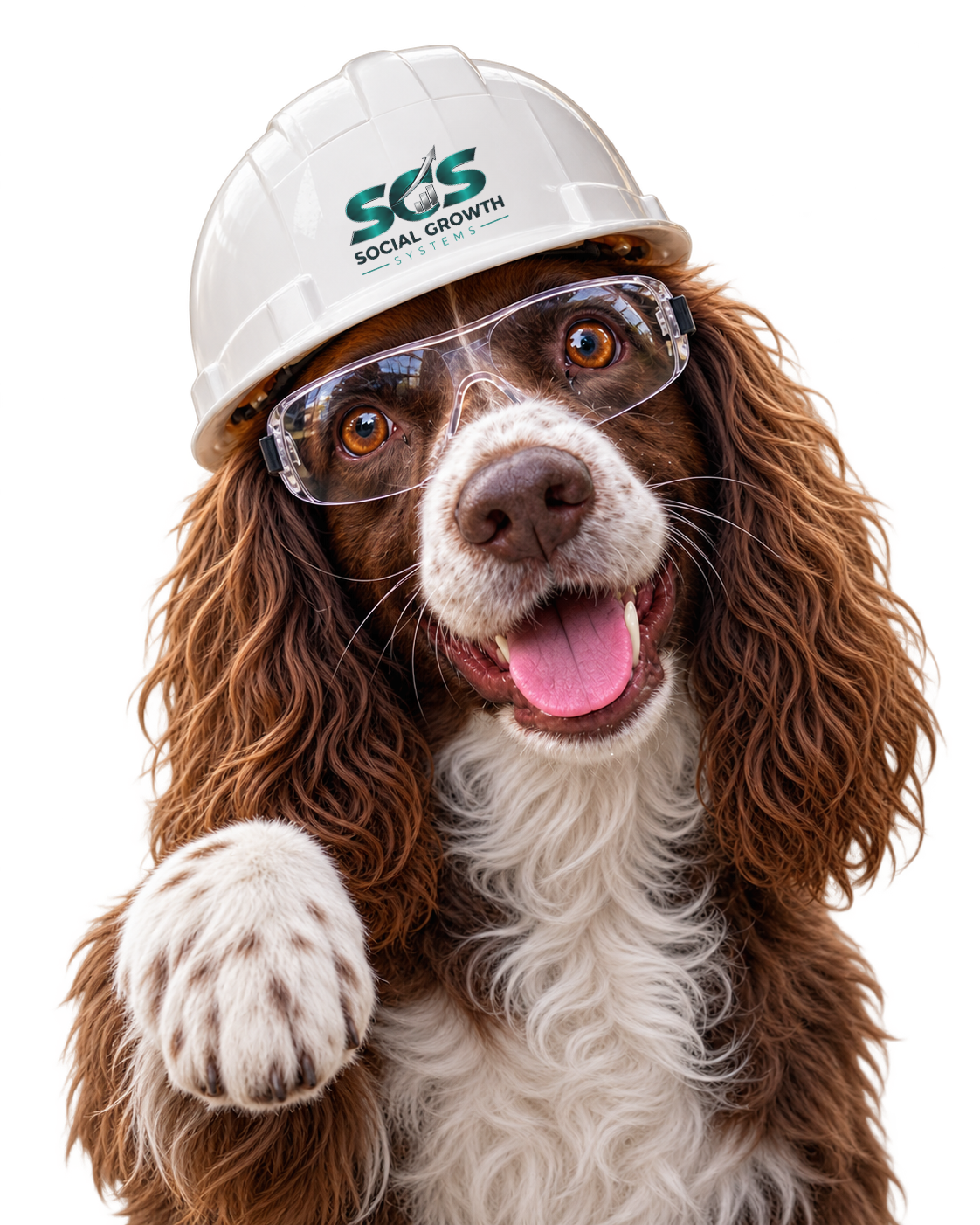 Margo, the Social Growth Systems mascot, wearing a white safety helmet and hi-vis vest