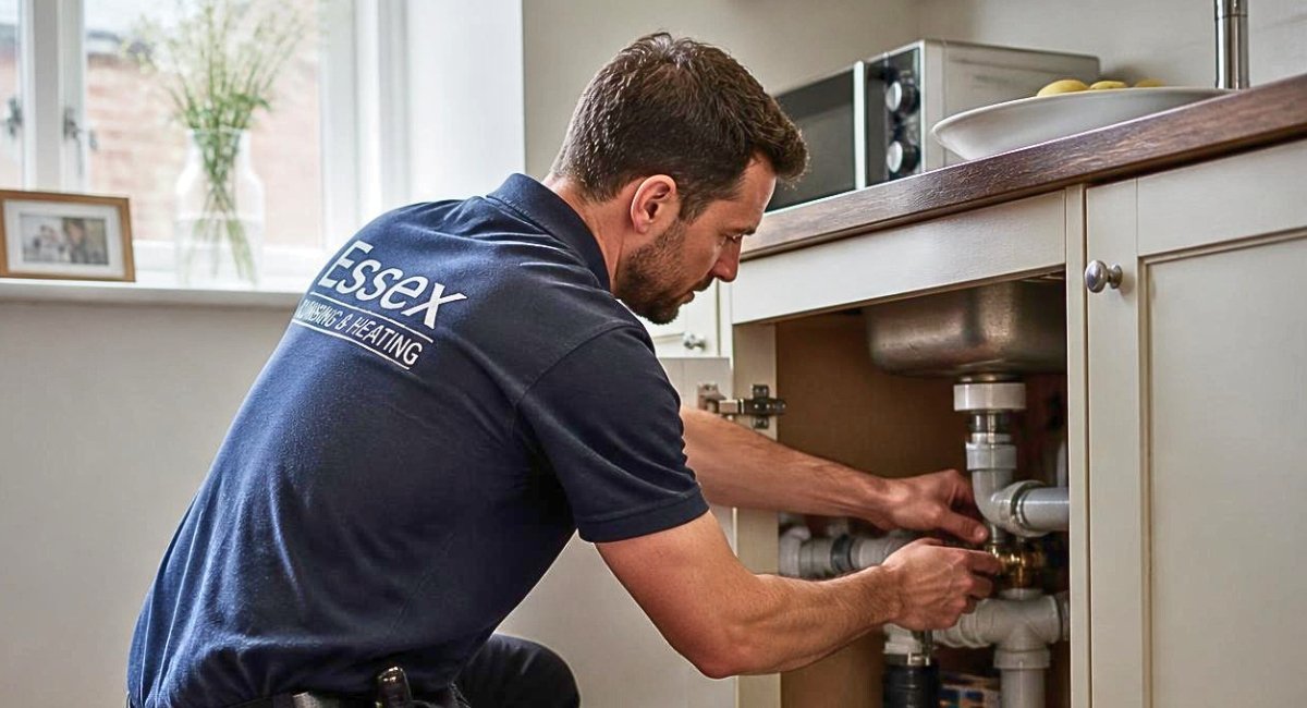 UK plumber checking their business social media profile on a phone