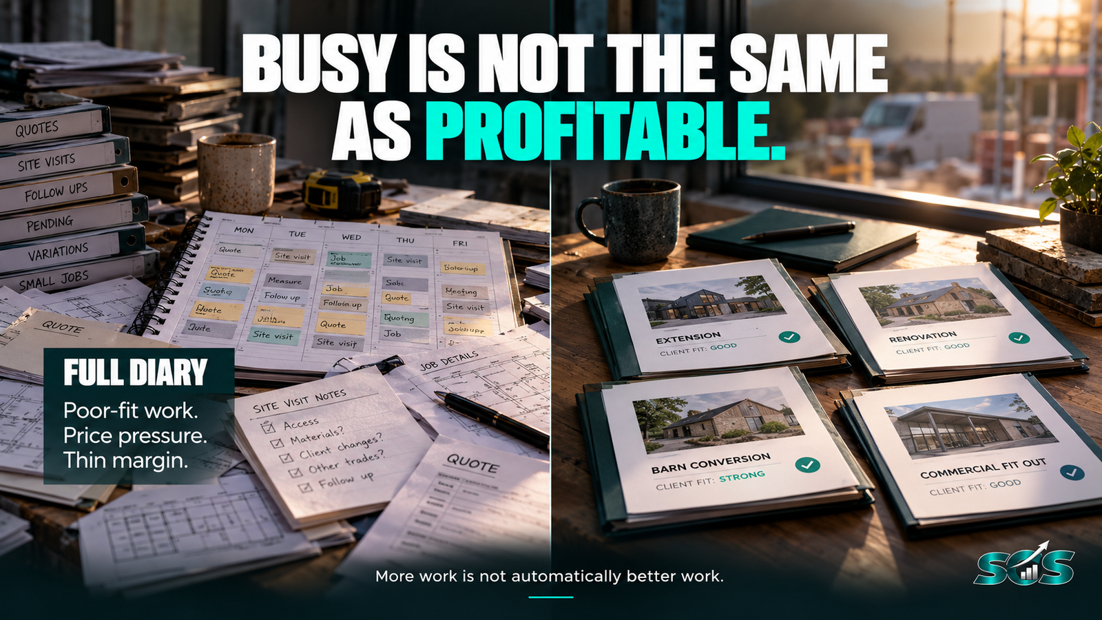 Comparison between a full building work diary with squeezed margins and a selective pipeline of better-fit construction jobs.