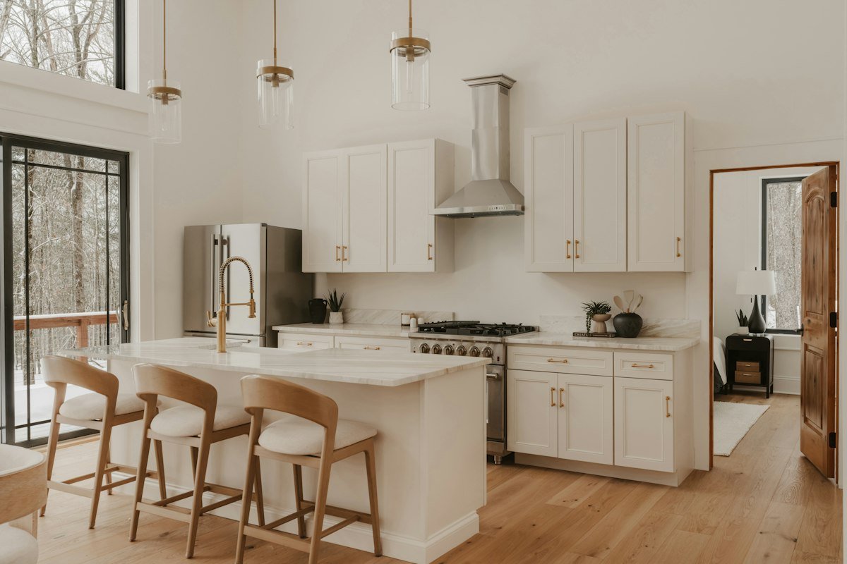 Stock photograph of a completed modern kitchen, used as an illustrative campaign image