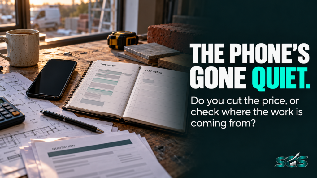 UK construction business owner reviewing a quieter work diary and recent building quotes before changing prices.